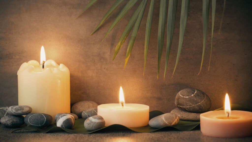 Candles and Stones and palm leaf